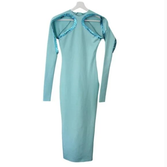 NWT CouCoo Necker Aqua Stretch Sequin Bodycon Open Shoulder Party Midi Dress S - Picture 5 of 8